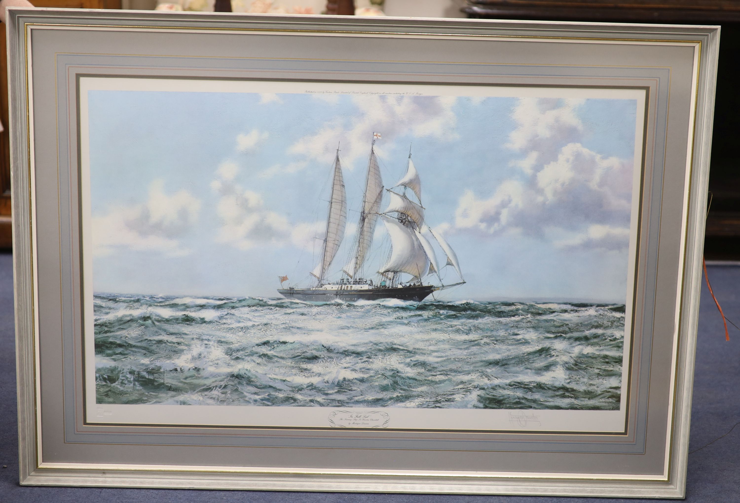 Montague Dawson, signed colour print, In Full Sail - the training ship Sir Winston Churchill, signed, 59 x 94cm